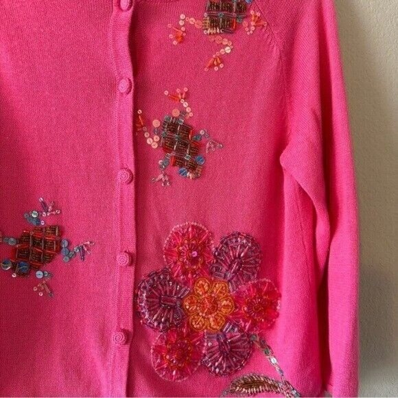 VTG Michael Simon Sequin Beaded Embellished Pink Cardigan Sweater SZ Small - Picture 2 of 6